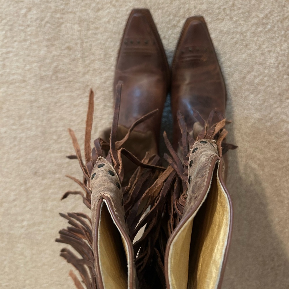 Tony Lama Tan Leather Cowboy Boots with Fringe